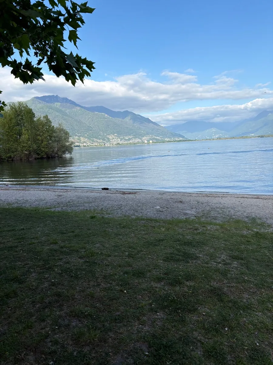 Riva silenziosa del lago con le montagne sullo sfondo