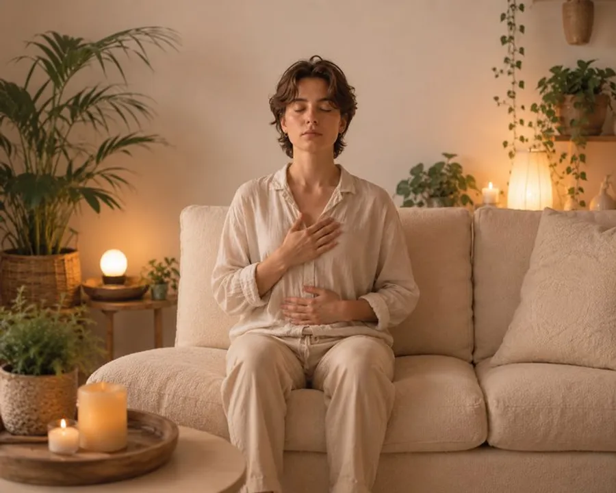 Persona in meditazione con le mani sul petto