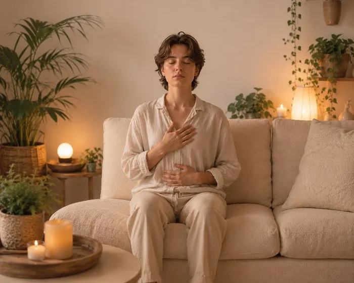Persona in meditazione con le mani sul petto