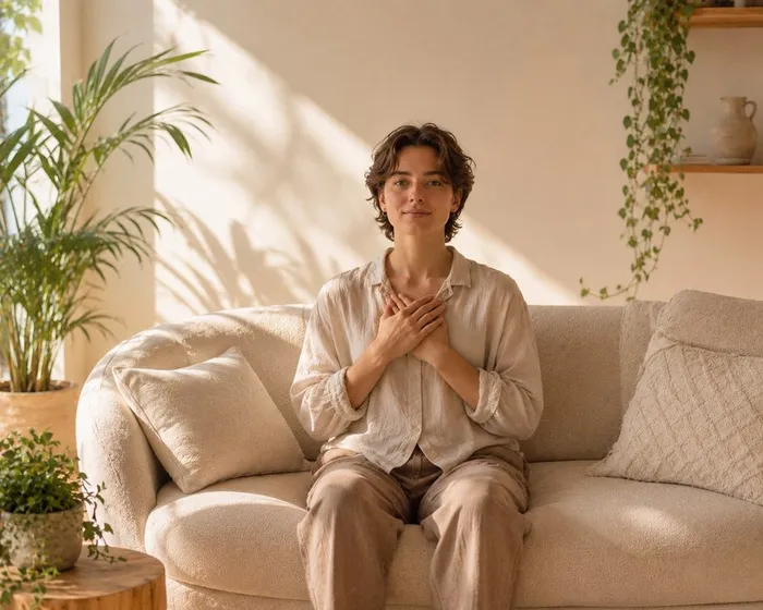 Persona seduta con le mani al cuore in una stanza luminosa