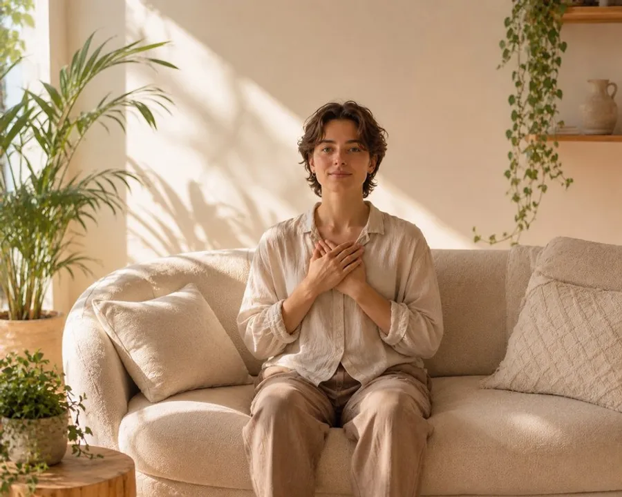 Persona seduta con le mani al cuore in una stanza luminosa